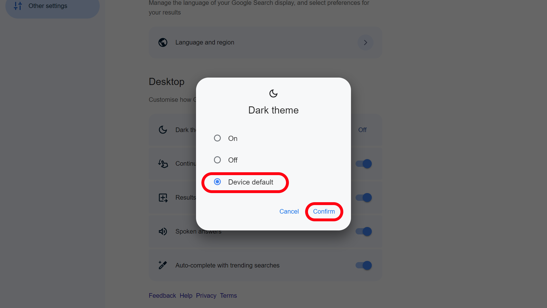 Personalizar a Pesquisa Google escurecê-los no desktop