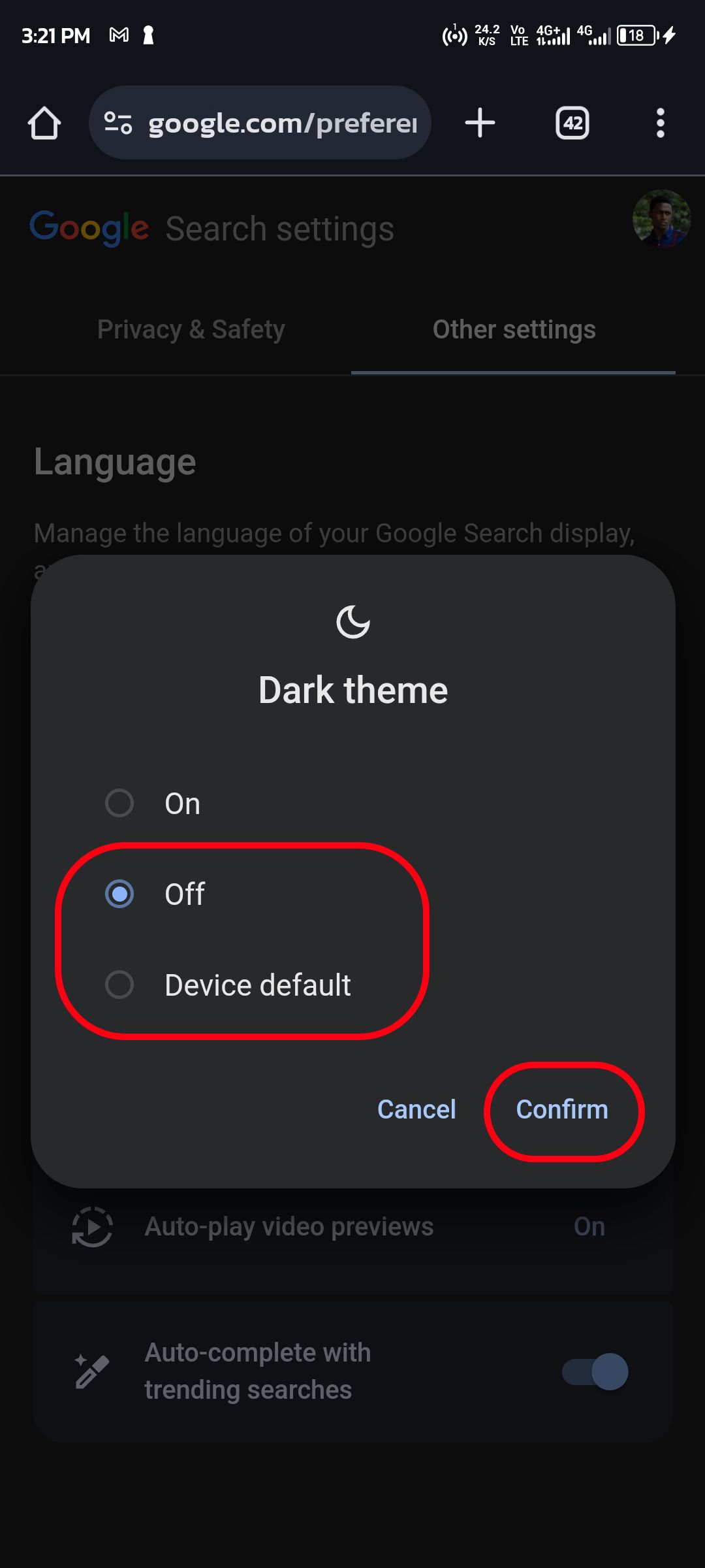 Personalização das configurações de tema escuro da Pesquisa Google no celular
