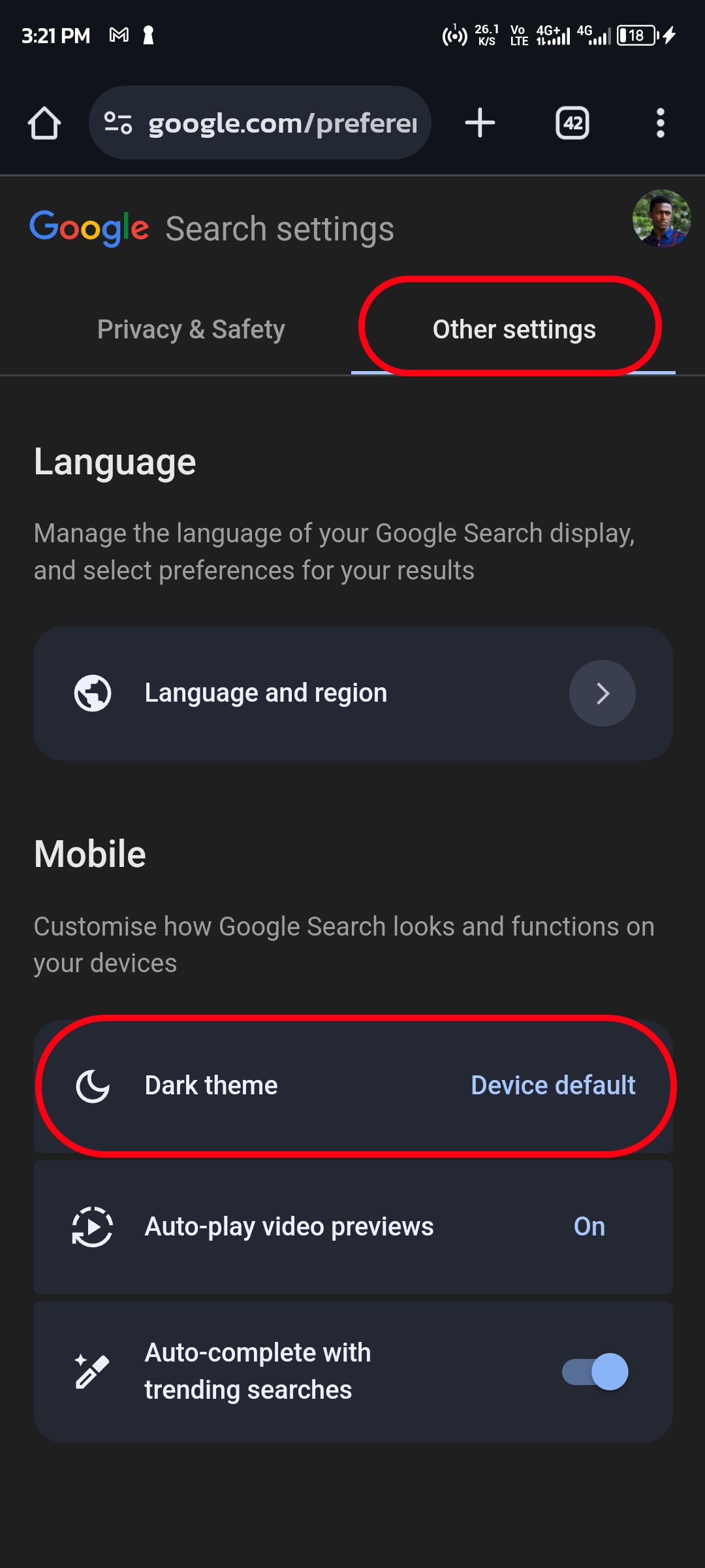 Personalização das configurações de tema escuro da Pesquisa Google no celular
