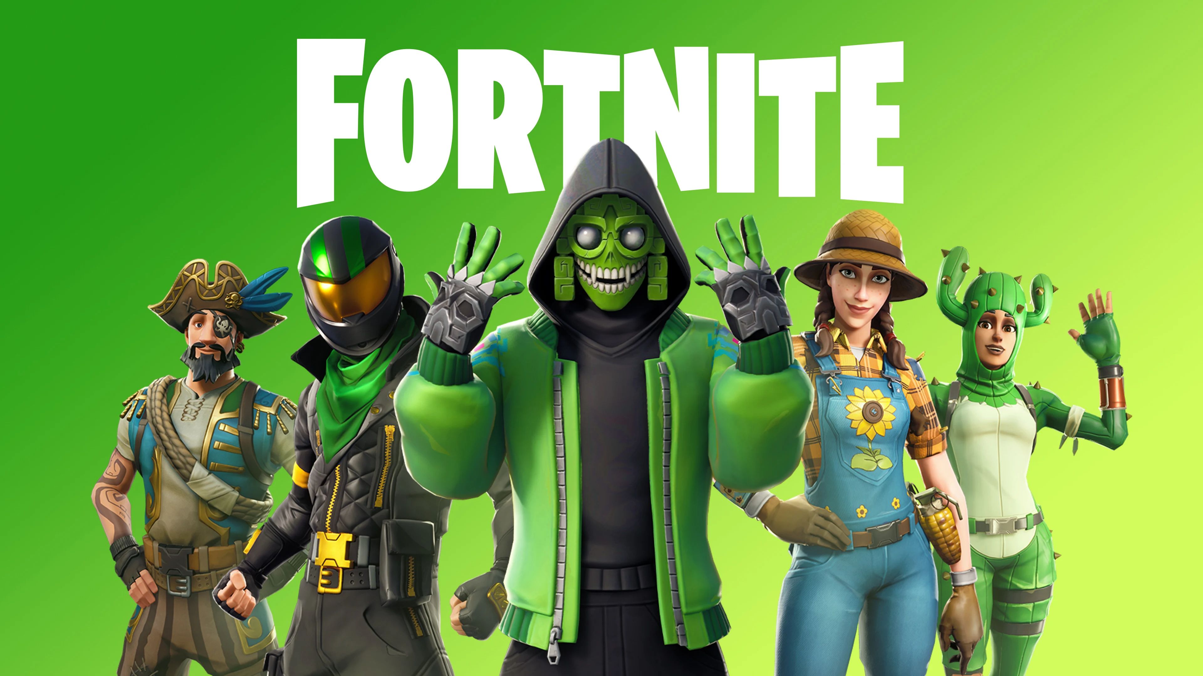 Uma tela com cinco personagens Fortnite e o logotipo Fortnite com tema e fundo verdes