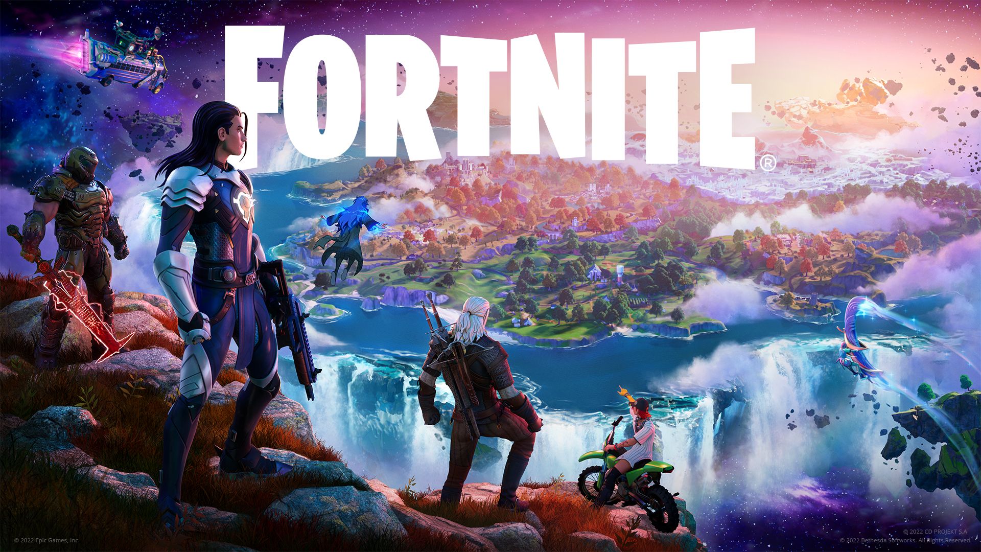 Personagens de Fortnite em uma encosta com uma ilha ao fundo e o logotipo de Fortnite no centro