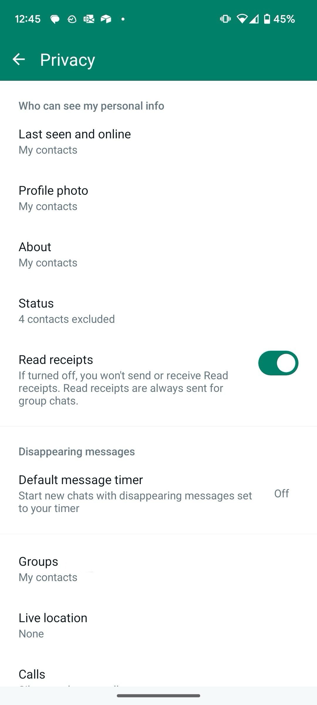 menu de privacidade no WhatsApp