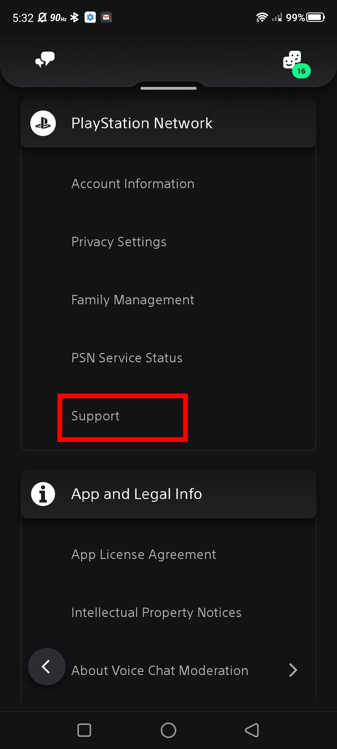 Captura de tela da opção de suporte do aplicativo PlayStation (em configurações)