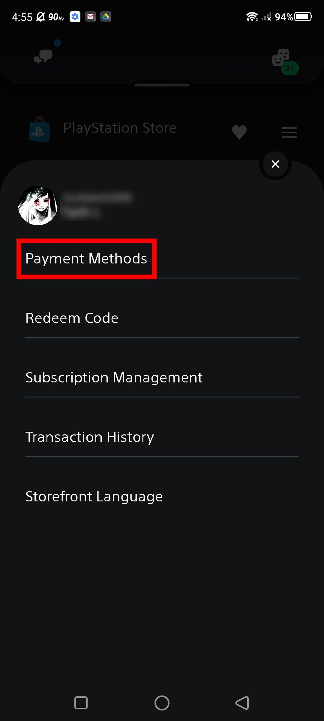 Captura de tela da opção de métodos de pagamento nas configurações