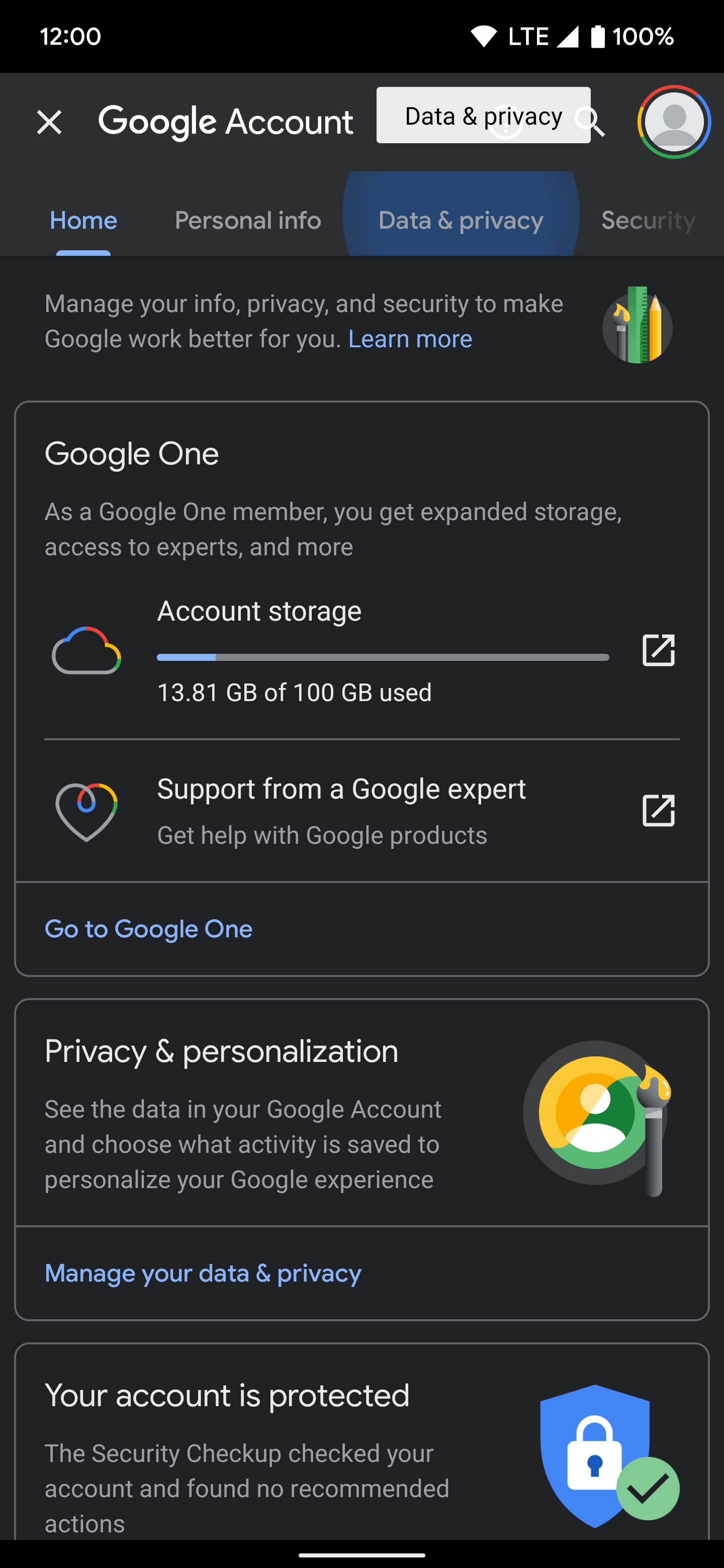 Selecionando o "Dados privados" guia no Google app.
