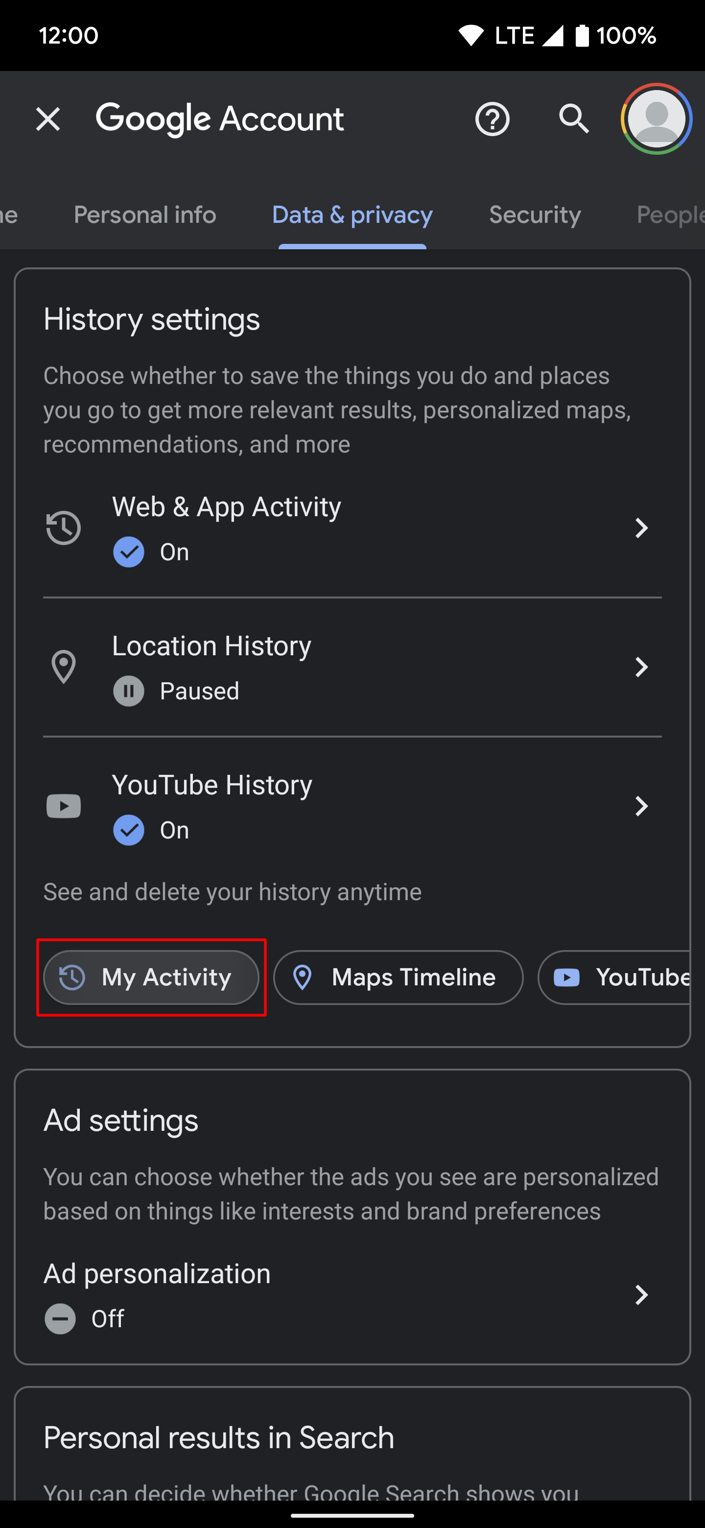 Destacando o "Minha atividade" botão na página principal de configurações da conta do Google.