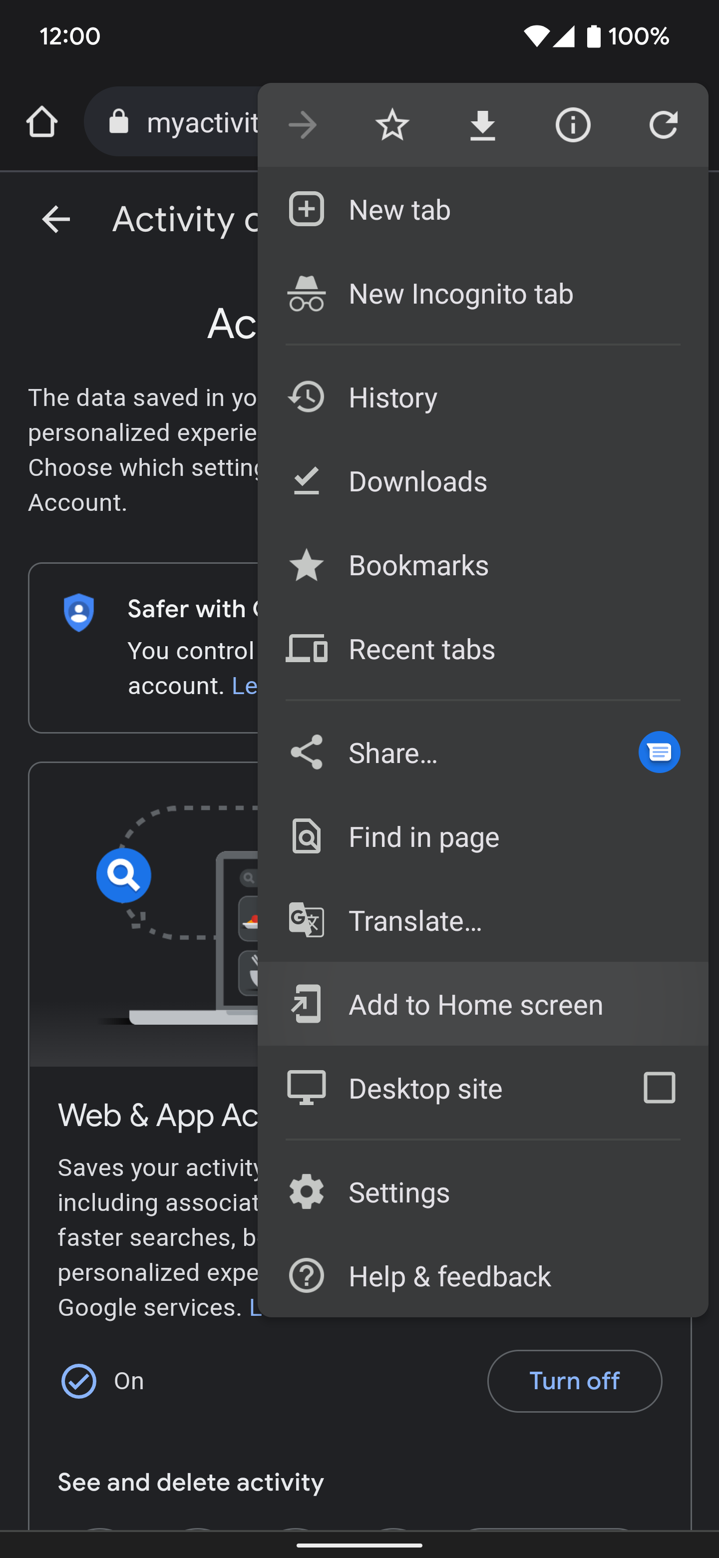Selecionando o "Adicionar à tela inicial" opção no menu do navegador Google Chrome.