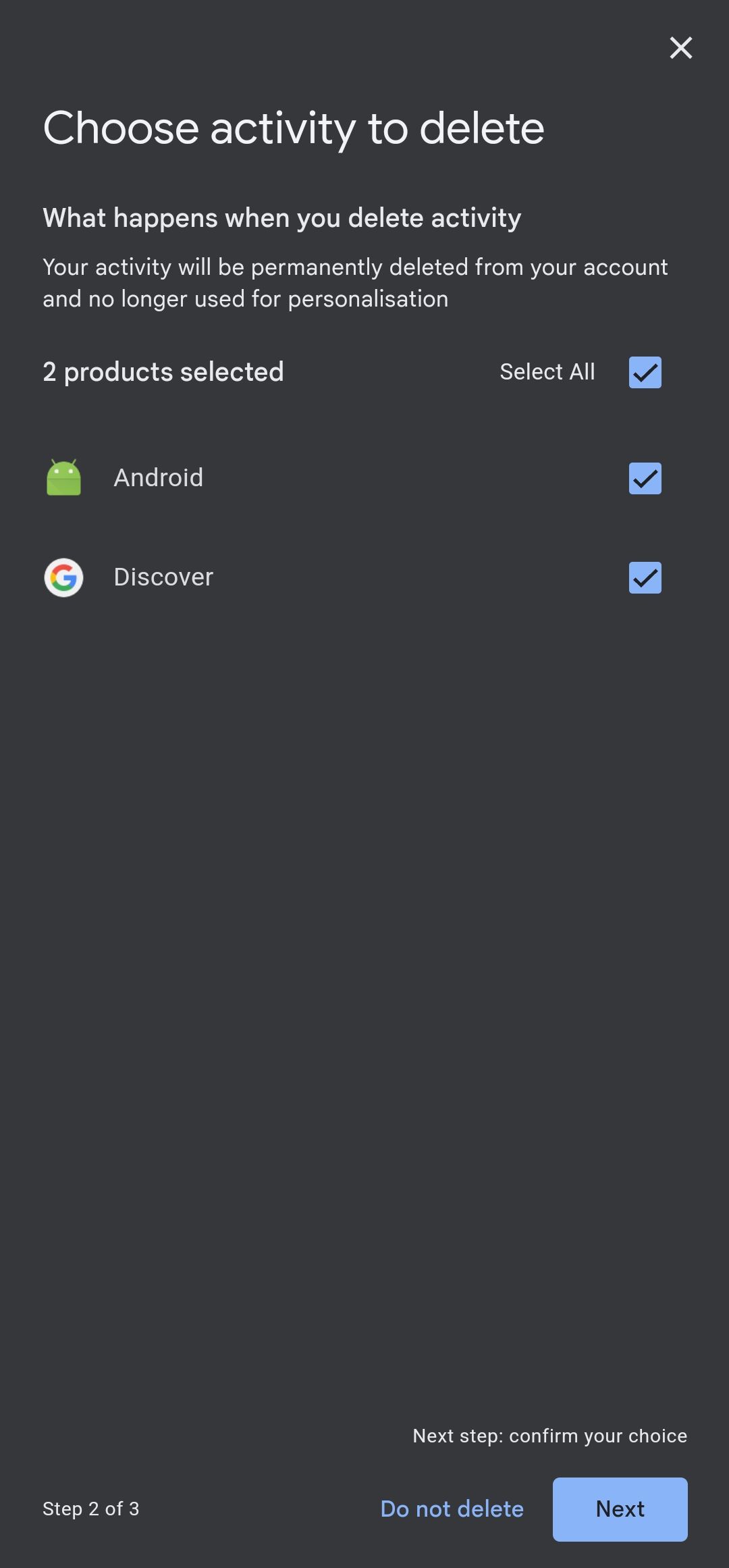 Selecionando o "Android" e "Descobrir" produtos para excluir todas as atividades deles em uma conta do Google.