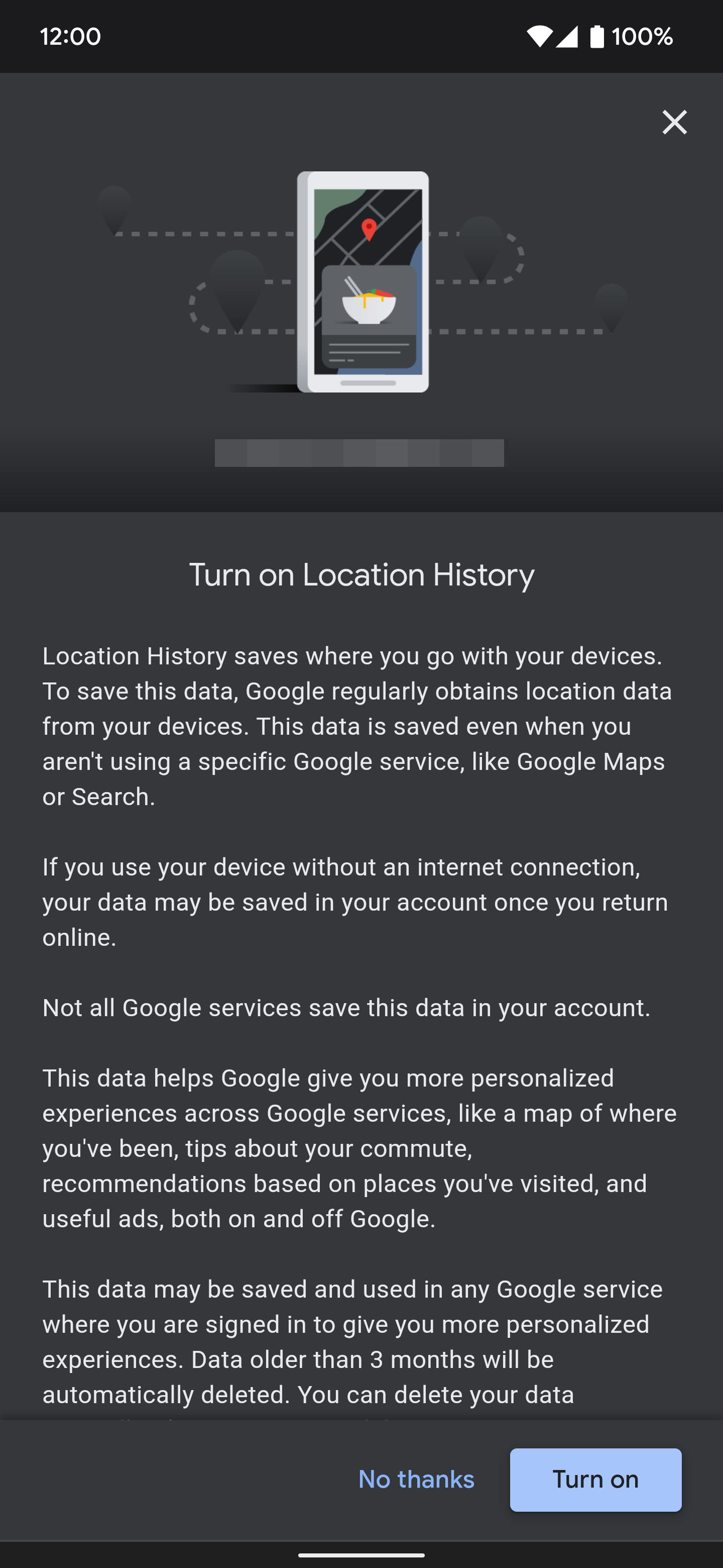 Esta é a página de informações que aparece antes de ligar o "Histórico de localização" recurso em uma conta do Google.