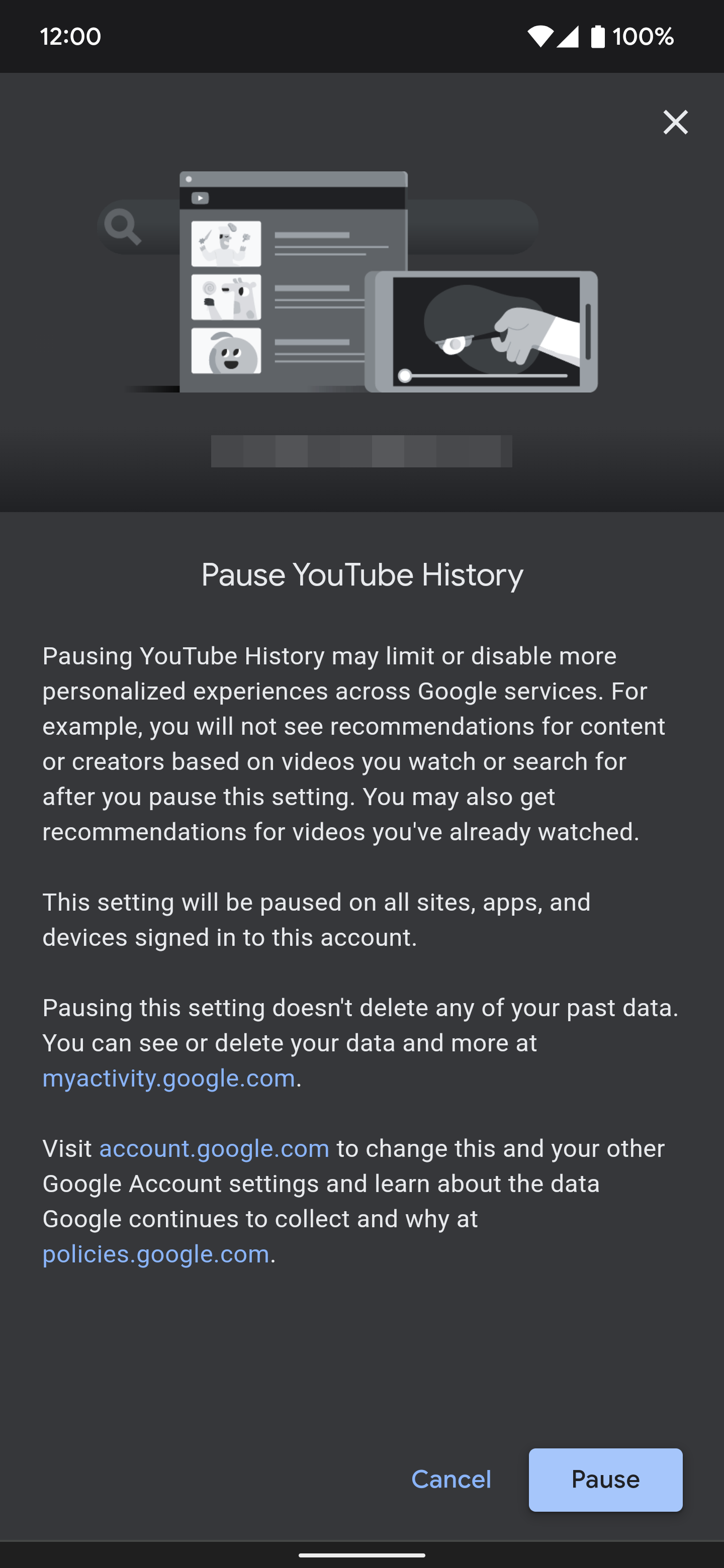 Esta é a tela que aparece logo antes de desativar o recurso Histórico do YouTube em uma conta do Google.