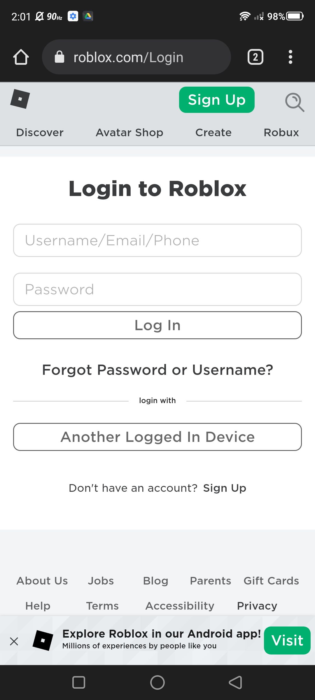 Captura de tela de login em sua conta no site Roblox