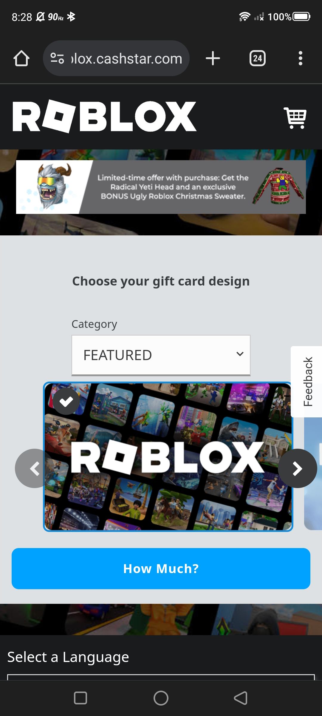 escolha um design de cartão-presente Roblox com valor em dinheiro e idioma