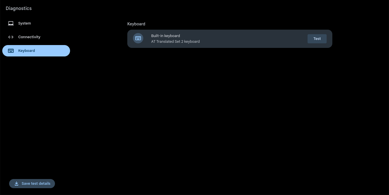 Uma captura de tela da guia Teclado do aplicativo Chromebook Diagnostics