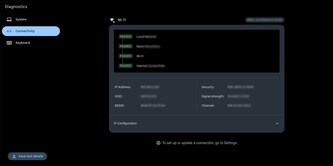 Uma captura de tela da guia de conectividade do aplicativo Chromebook Diagnostics