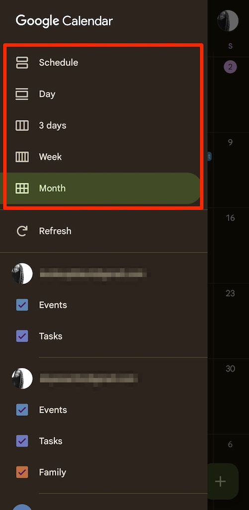 Alterando a visualização do Google Agenda no aplicativo móvel