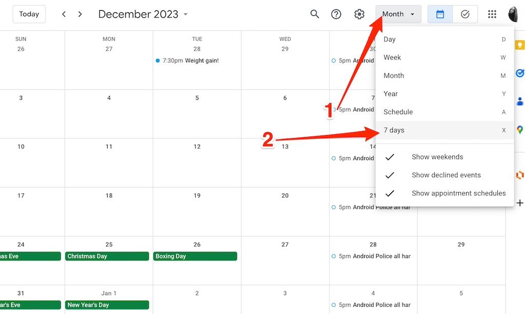 Mudando para visualização personalizada no Google Agenda