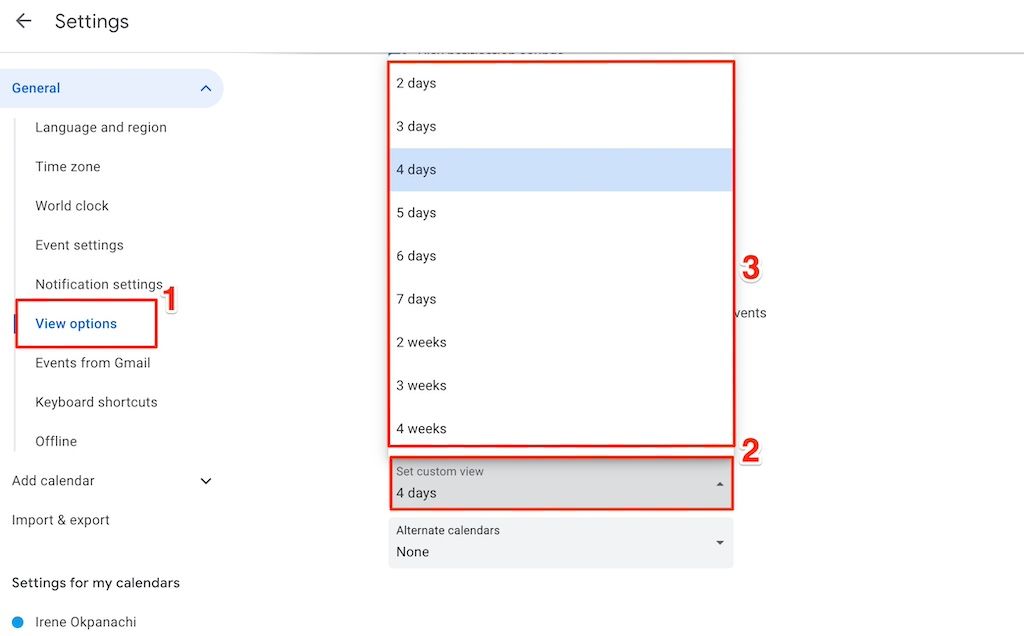 Alterando a visualização personalizada no menu de configurações do Google Agenda