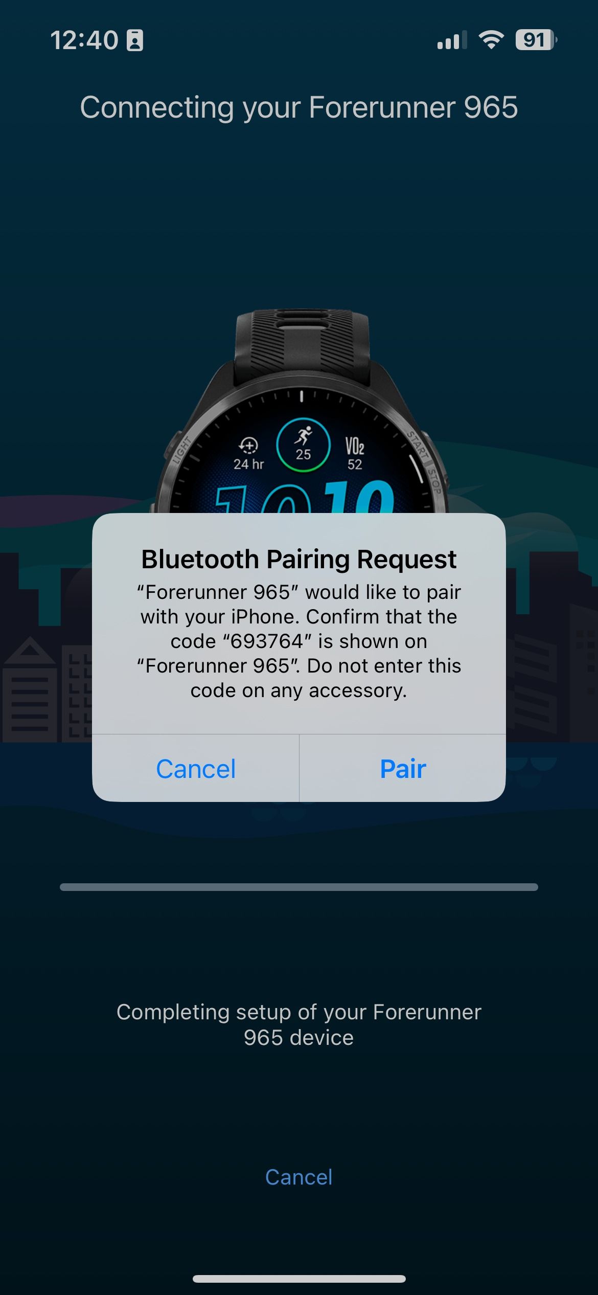 Permissão de emparelhamento Bluetooth para Gamin no iPhone