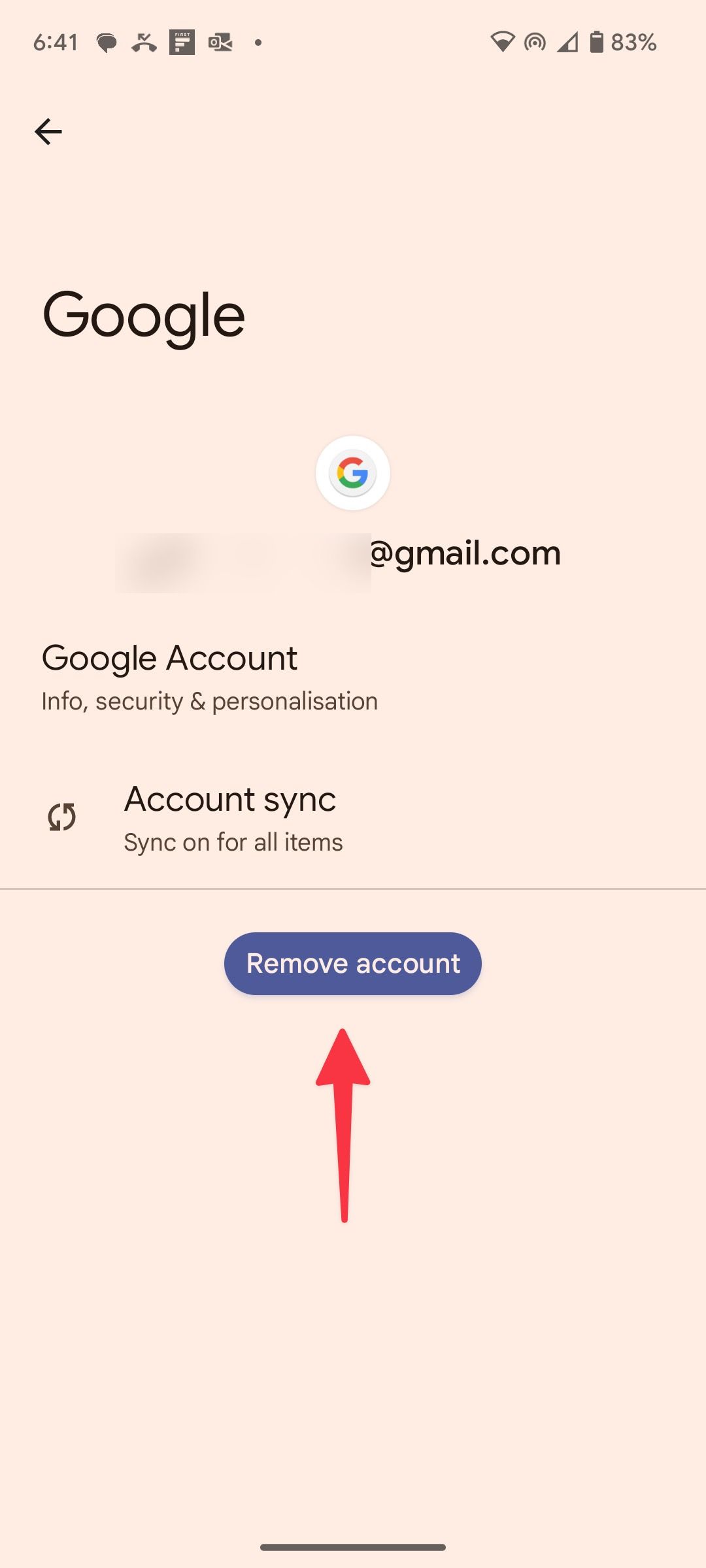 Toque em Remover conta para remover a conta do Google do seu dispositivo Android