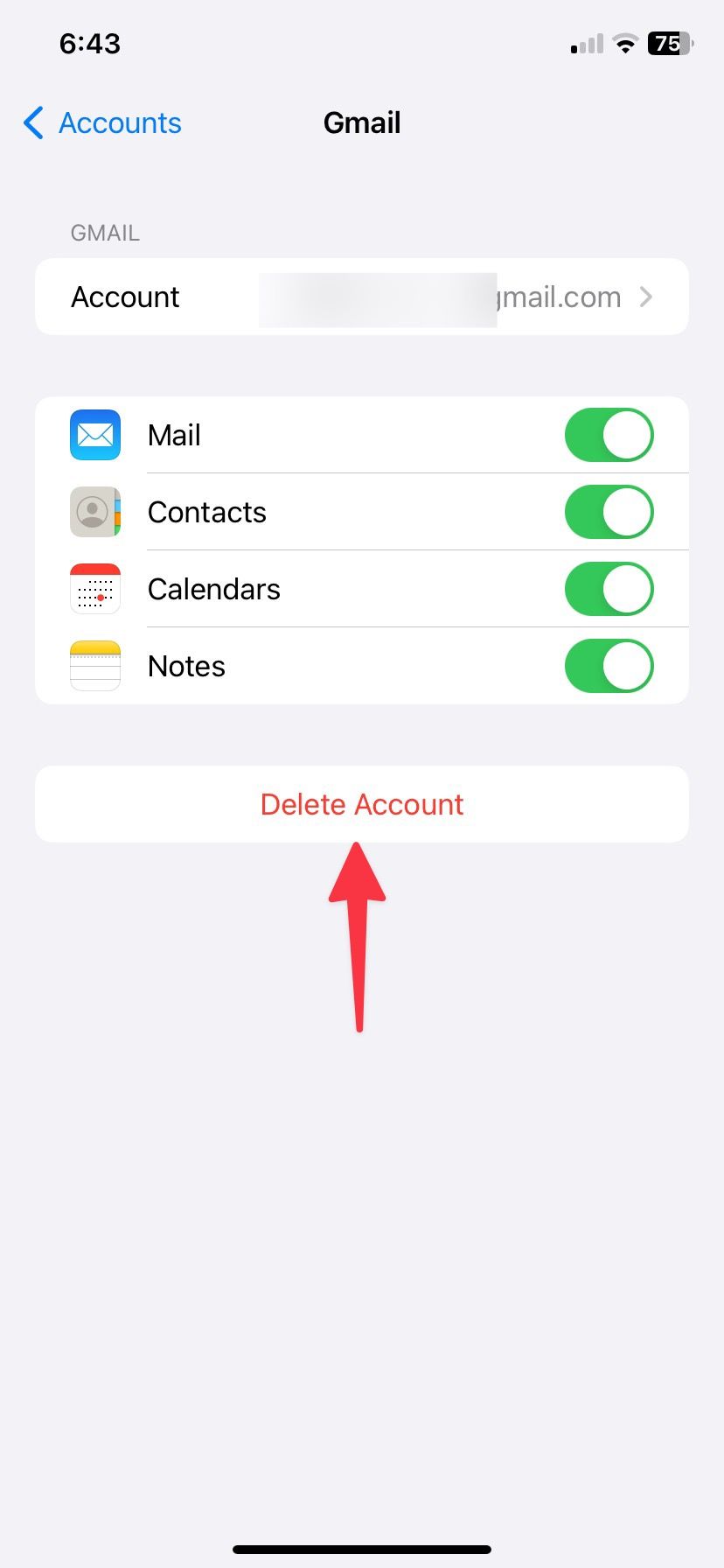 Toque em Excluir conta para remover uma conta do Gmail do seu iPhone