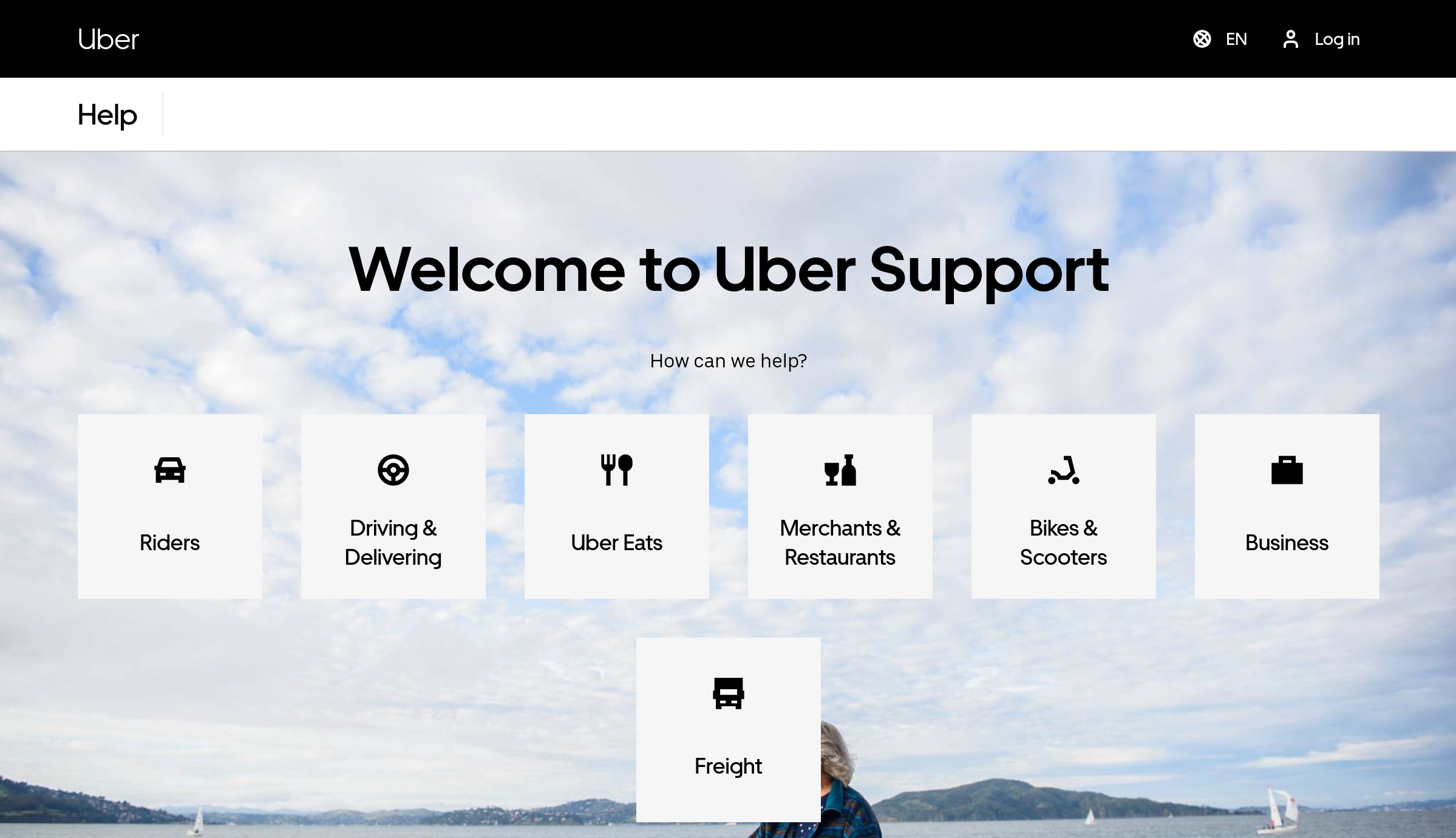 A página de suporte da Uber no site de ajuda da Uber