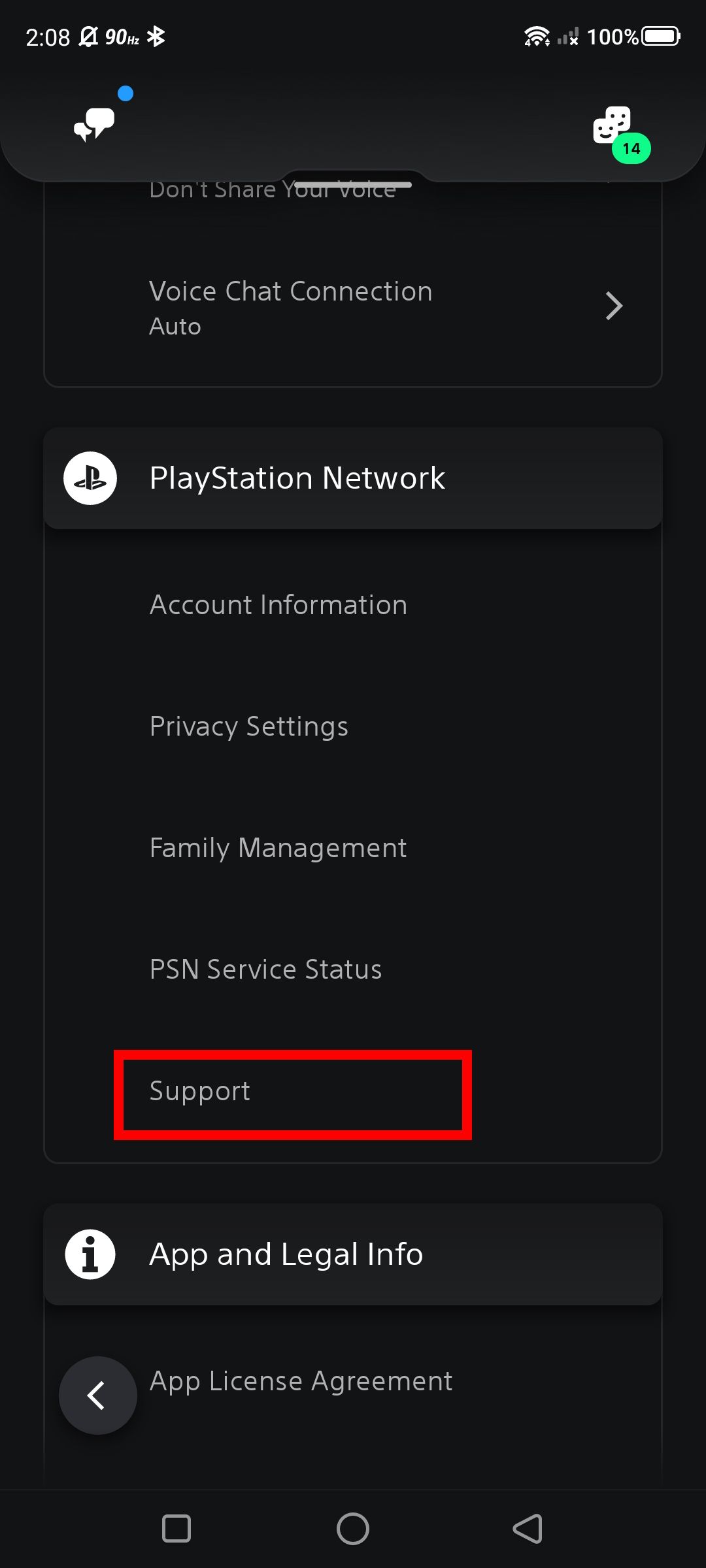 Contorno de retângulo vermelho sobre a opção Suporte (configurações) no aplicativo PlayStation
