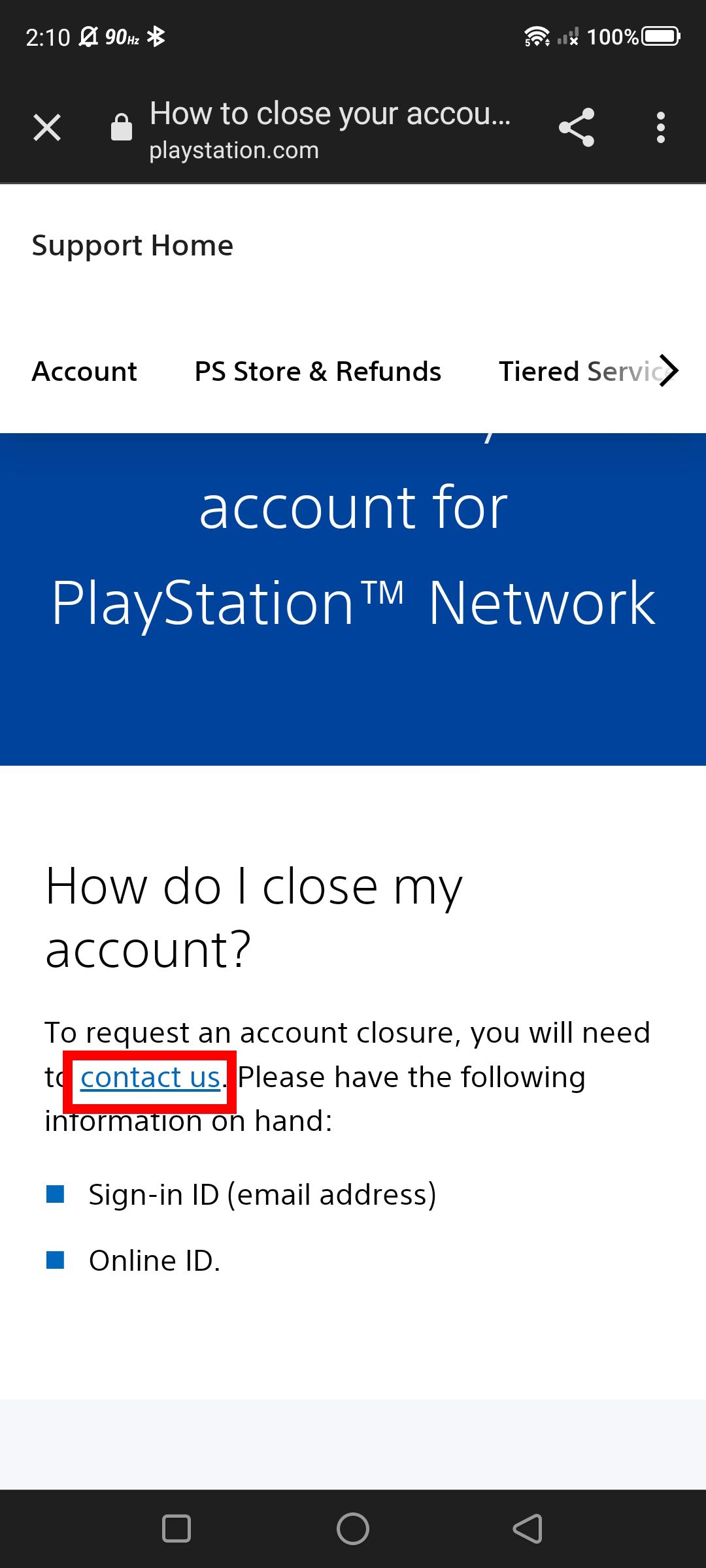 Contorno de retângulo vermelho sobre o hiperlink de contato na página de suporte do PlayStation