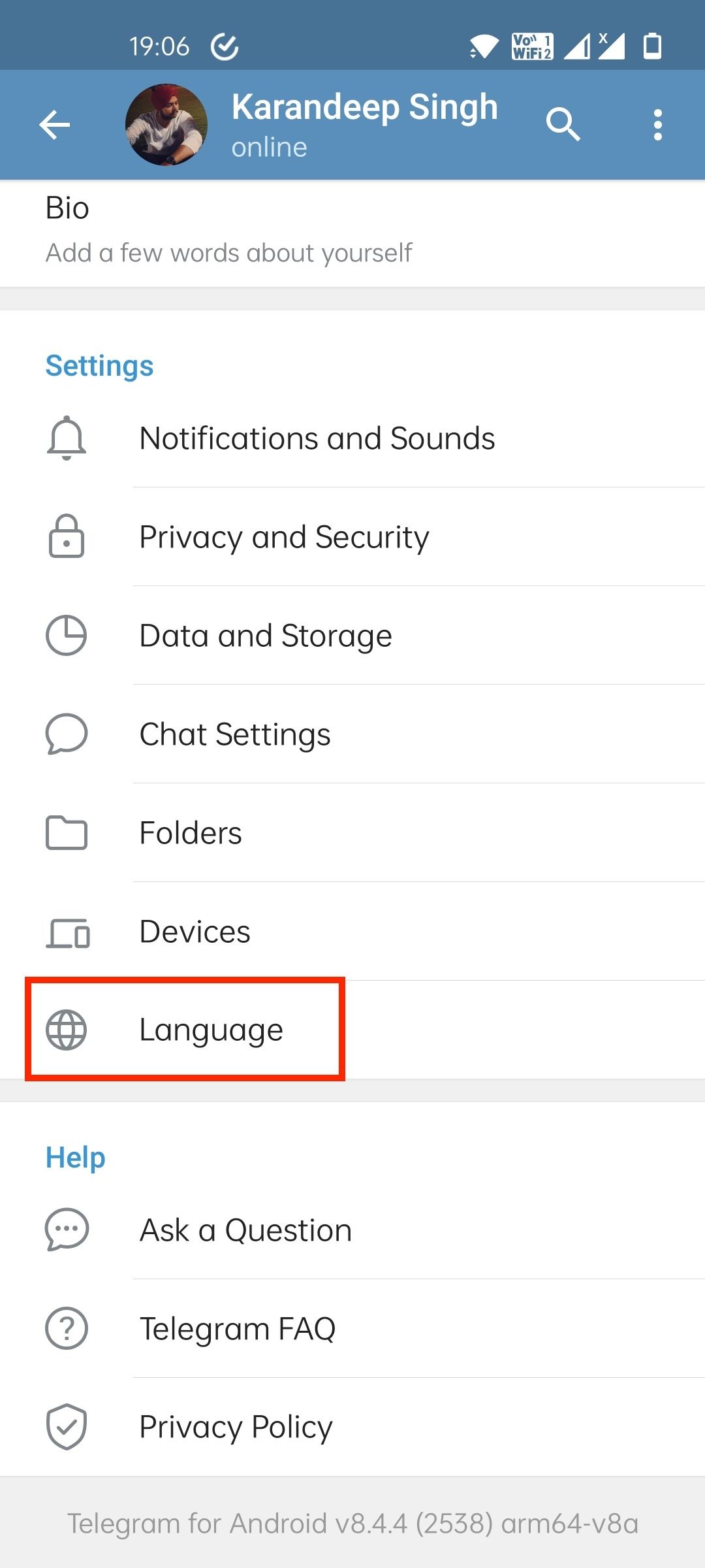 Opção de configurações de idioma do telegrama