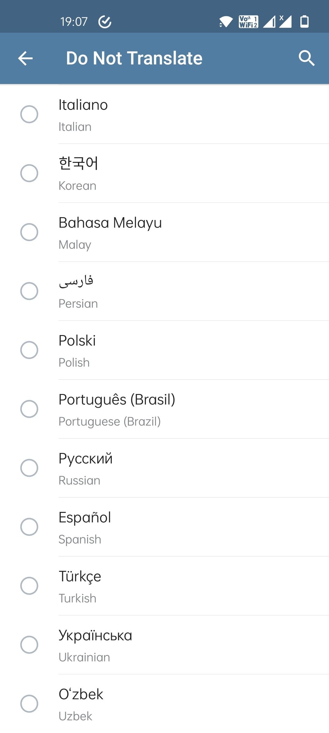 Telegrama todas as opções de idioma de tradução