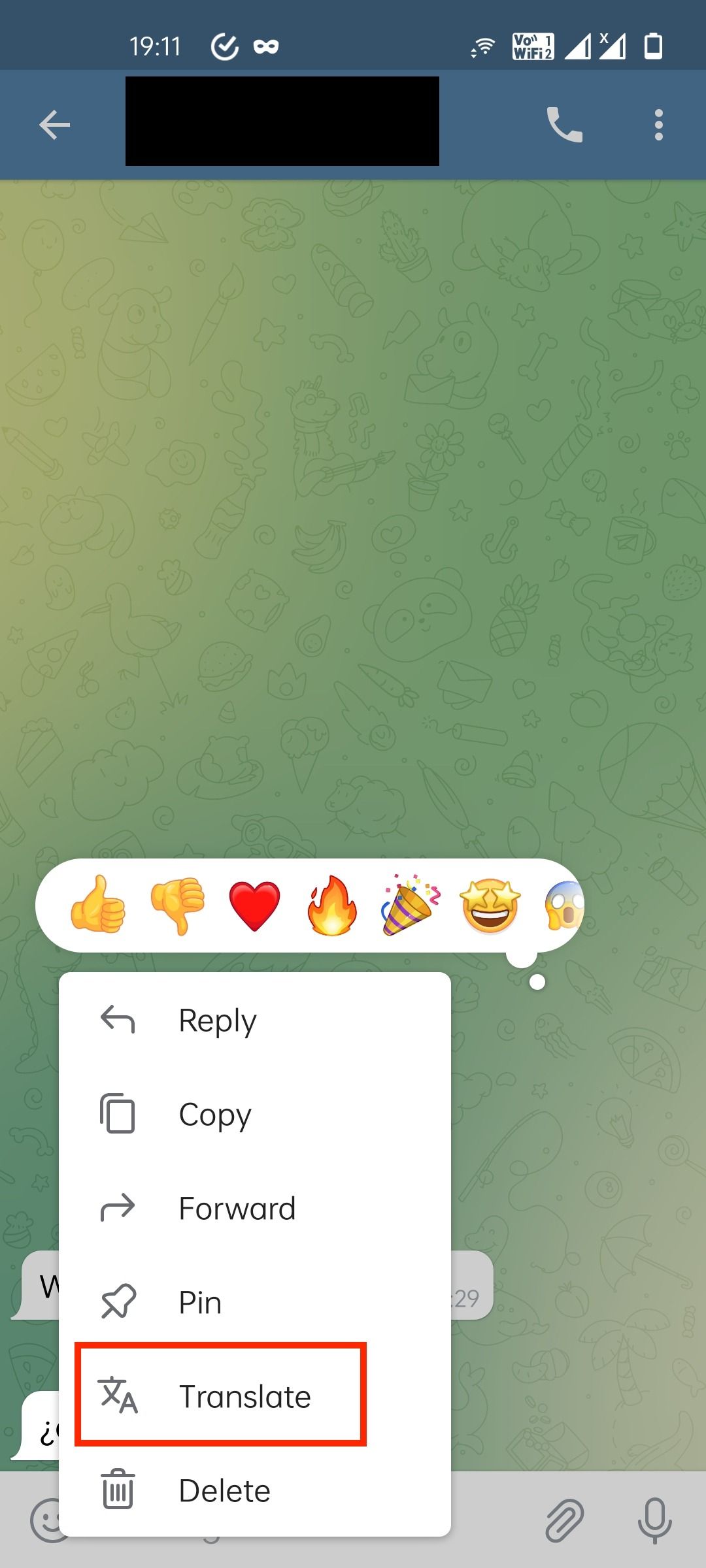 Botão de tradução do Telegram na janela de bate-papo