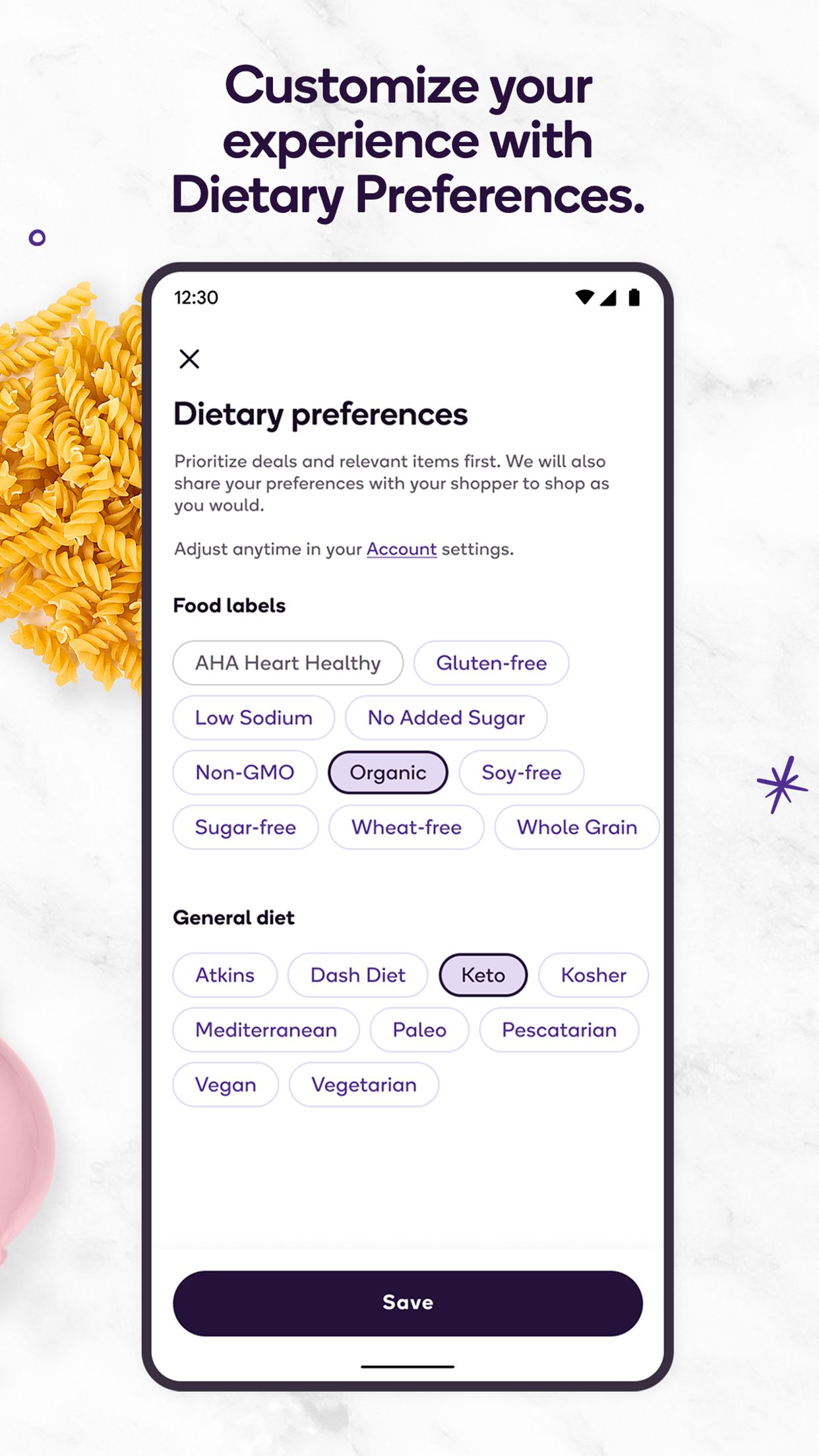 Personalize sua experiência com preferências alimentares usando Shipt