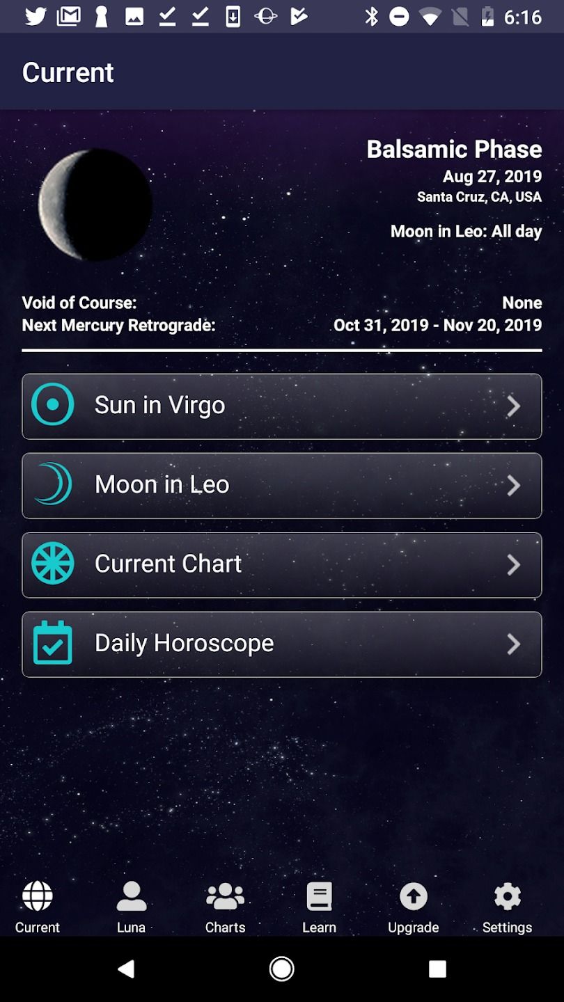 captura de tela do aplicativo de passagens de tempo mostrando informações astrológicas