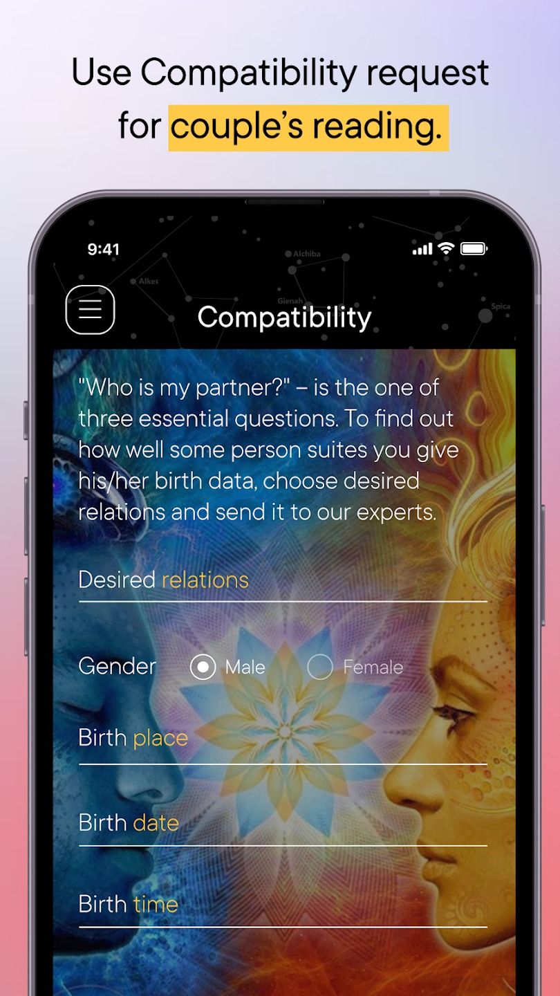 captura de tela do formulário de compatibilidade no aplicativo chaturanga