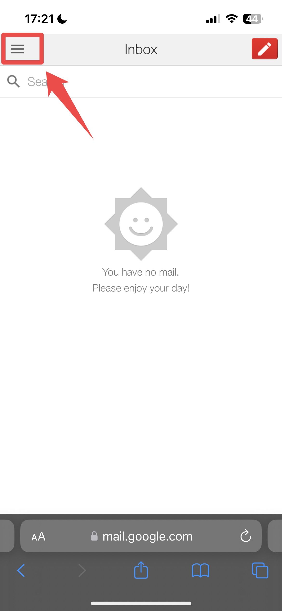 Página inicial do Gmail no aplicativo da web para iPhone