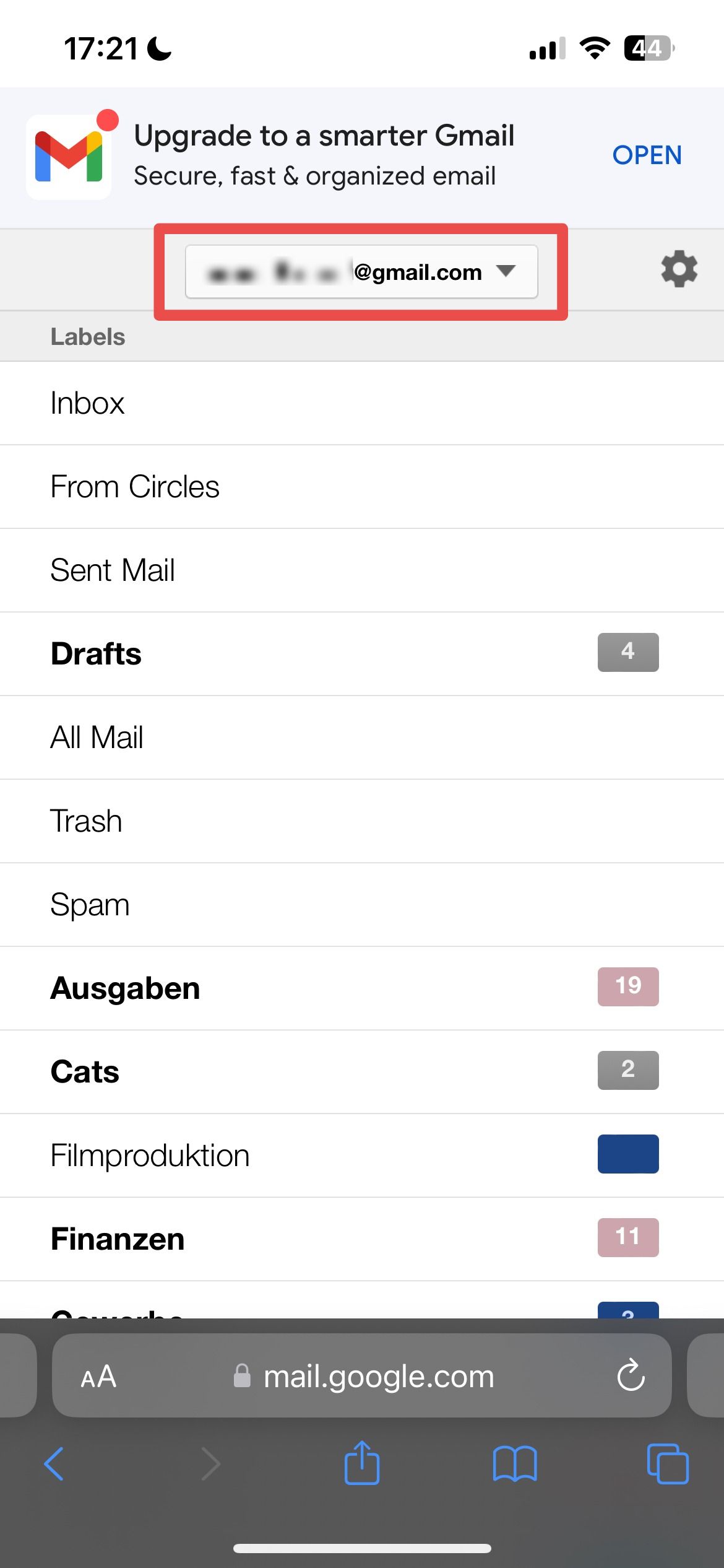 Barra lateral do Gmail no aplicativo da web para iPhone
