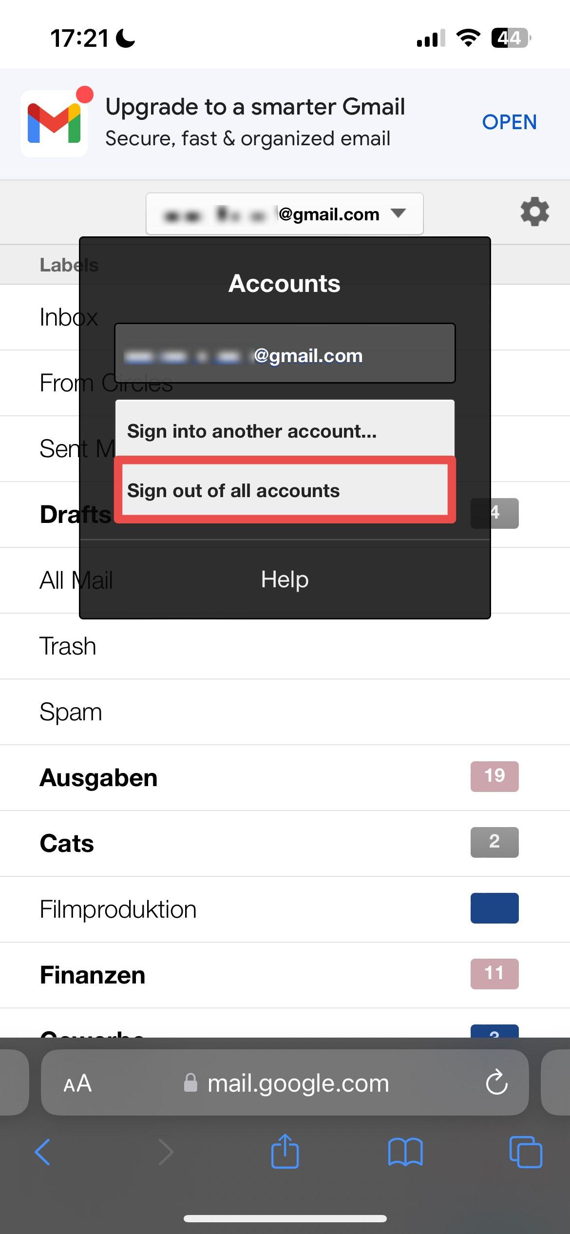Página de contas do Gmail no aplicativo da web para iPhone