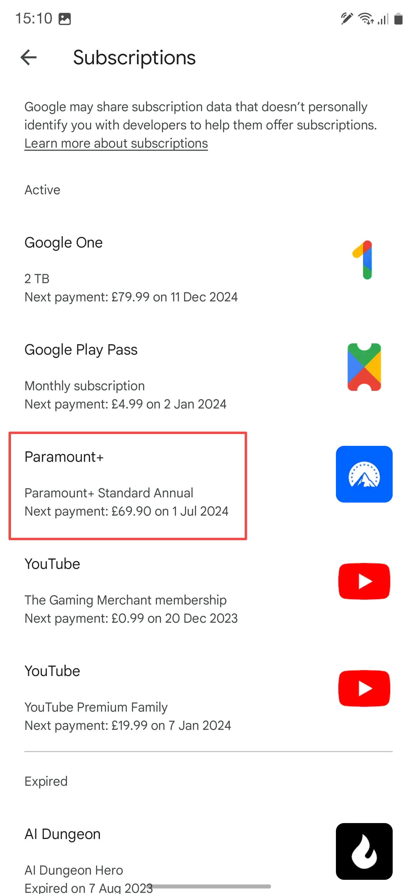 Entrada do Paramount+ na tela de assinaturas da Google Play Store