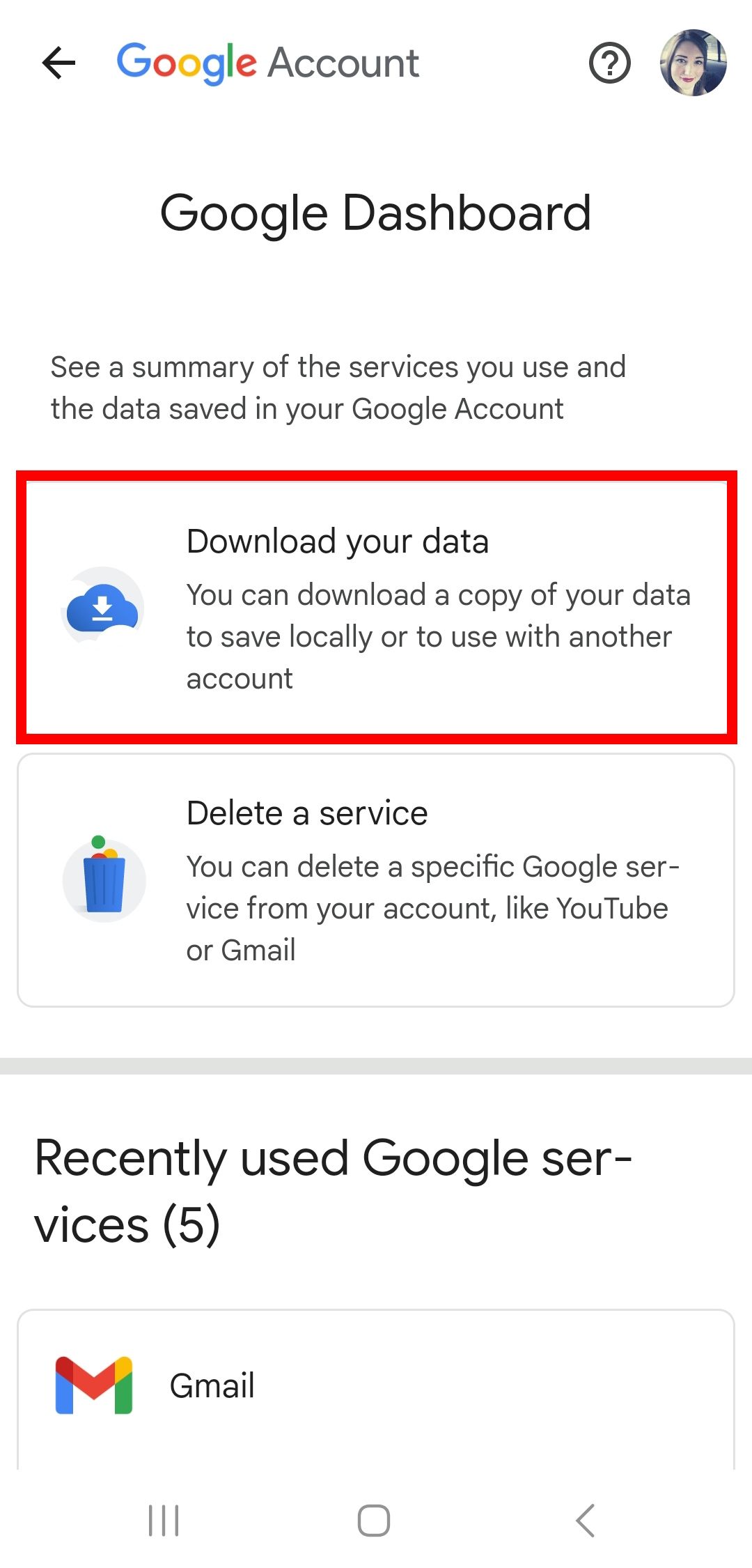contorno do retângulo vermelho sobre a opção de download de seus dados no painel do Google