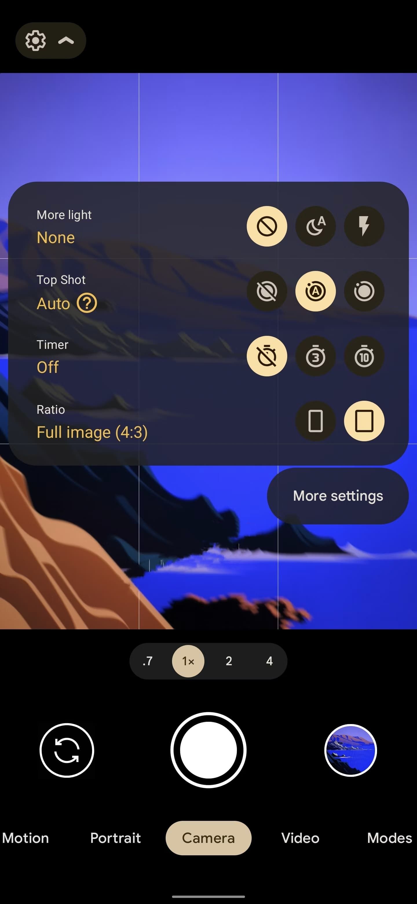 Captura de tela mostrando as configurações rápidas da câmera do Pixel Fold