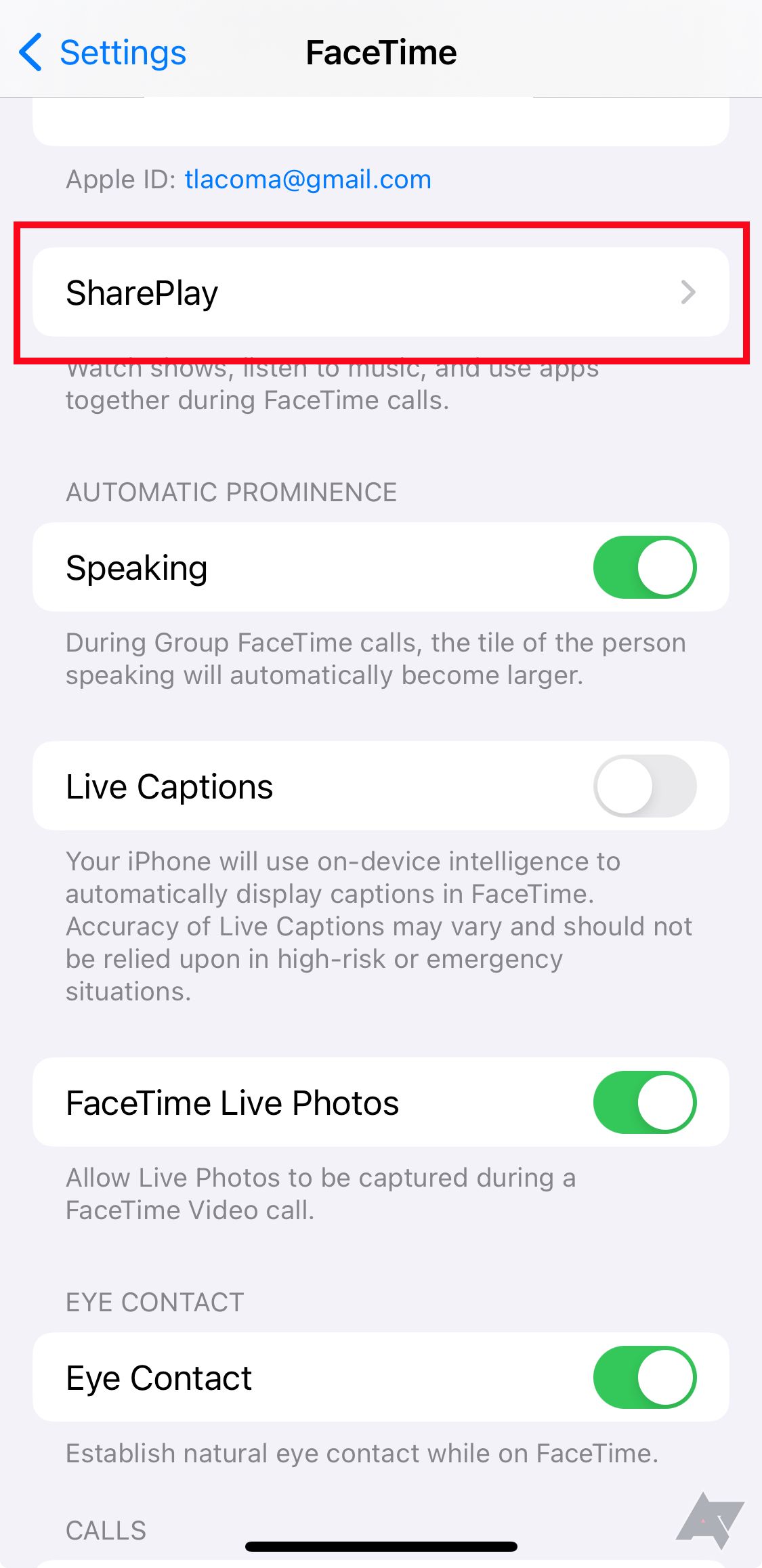 Selecione SharePlay nas configurações do FaceTime no iOS.