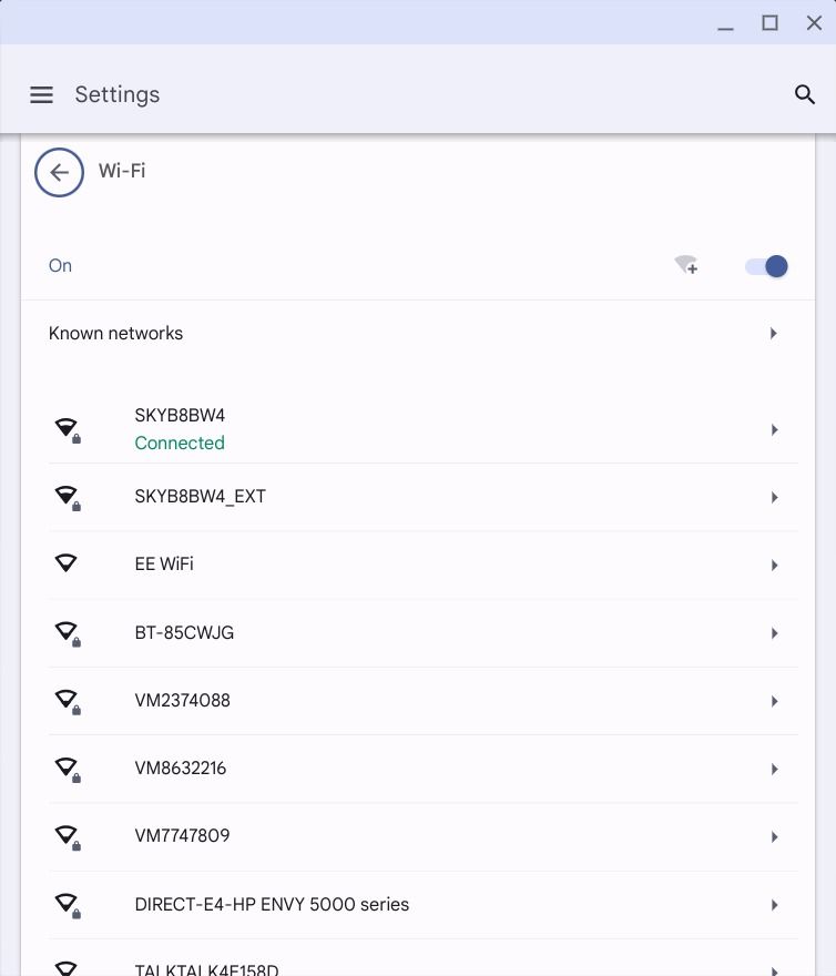 menu de configurações de wifi no ChromeOS