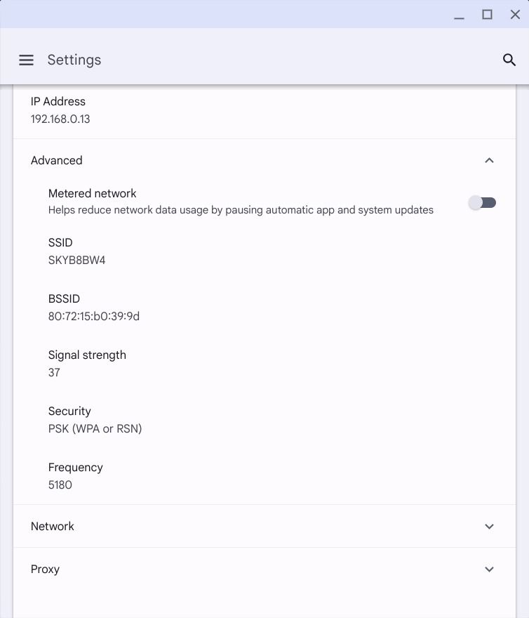 informações avançadas de Wi-Fi no ChromeOS
