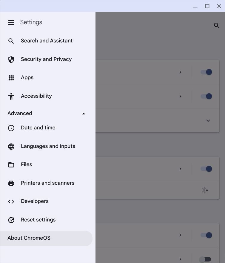barra lateral no aplicativo de configurações do ChromeOS