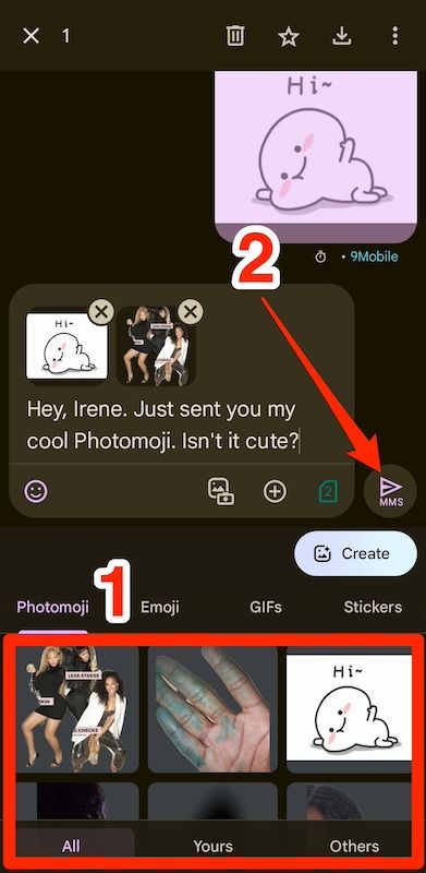 Anexando Photomojis a um texto no aplicativo Google Mensagens