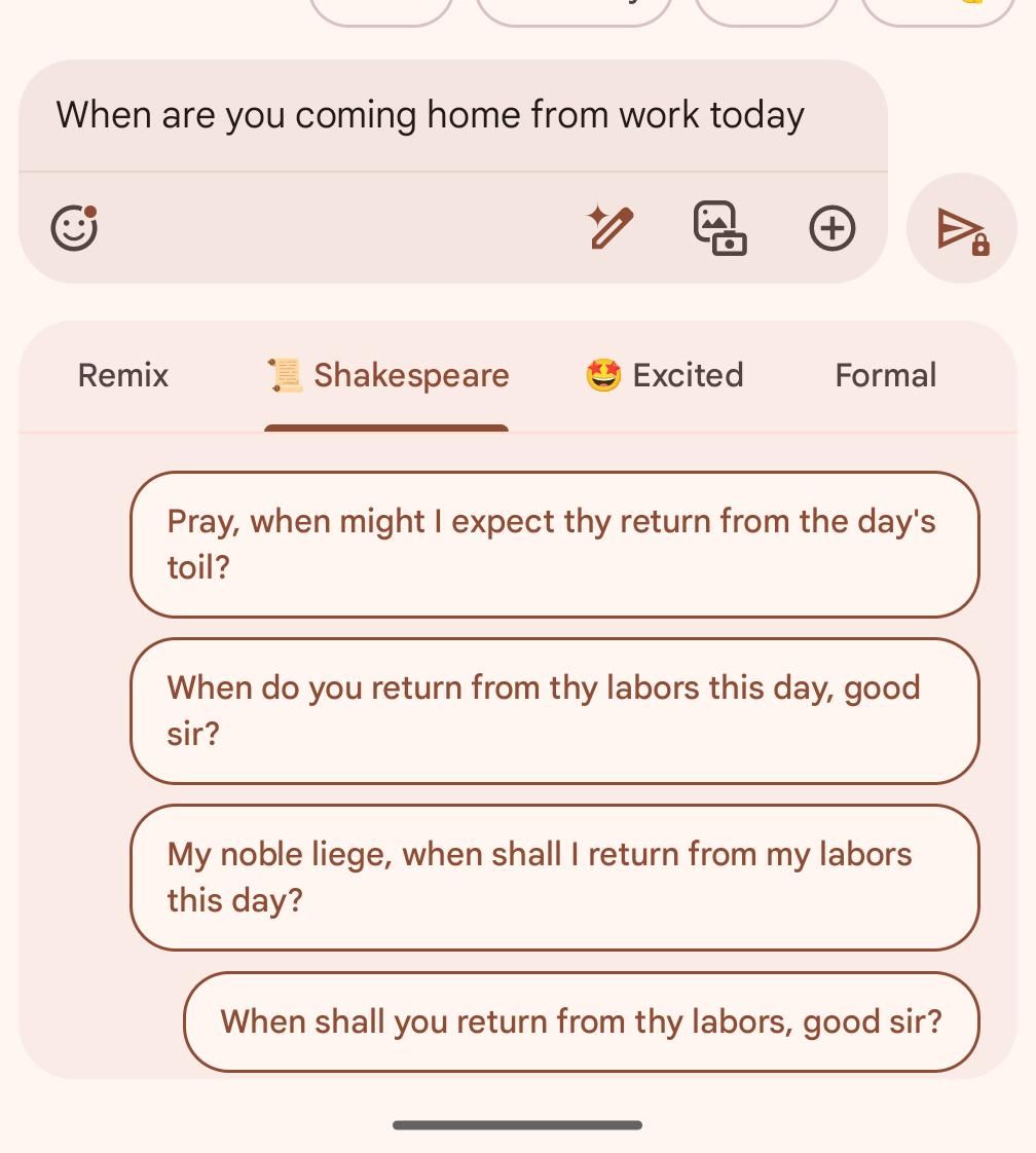 Magic Compose do Google Messages oferecendo sugestões de Shakespeare