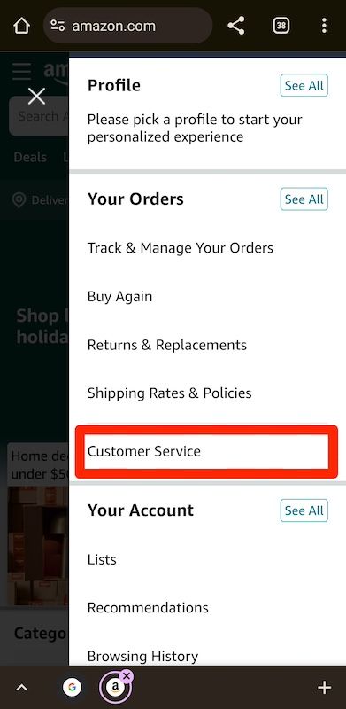 Opções de perfil da Amazon no navegador móvel