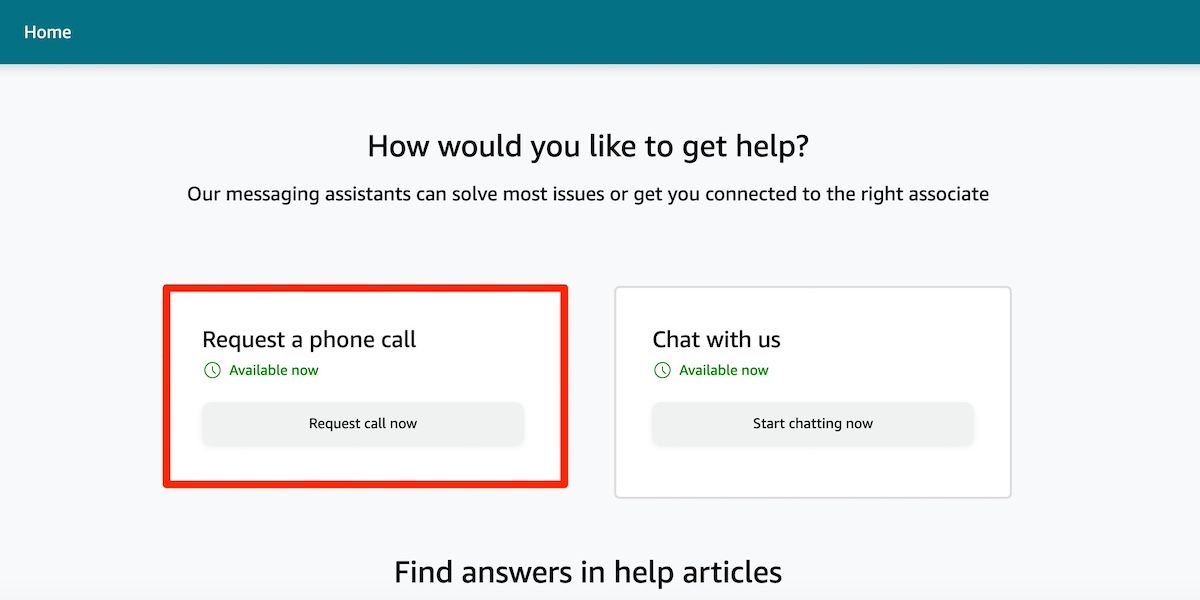 Selecionando a opção Solicitar uma chamada telefônica na versão do site para desktop da Amazon