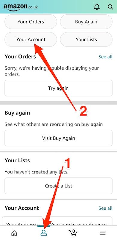 Opções de perfil no aplicativo Amazon Shopping