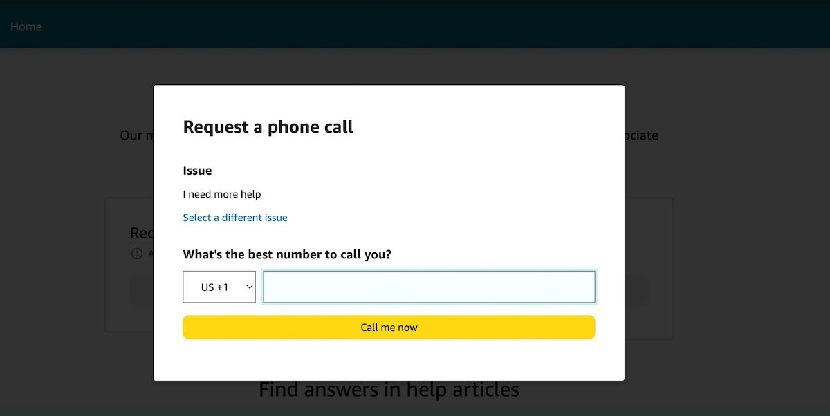 Solicite uma janela de chamada telefônica no site para desktop da Amazon