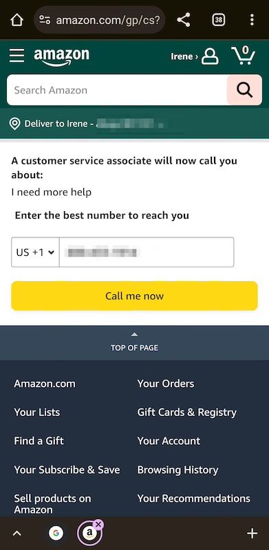 Página de solicitação de chamada no site móvel da Amazon